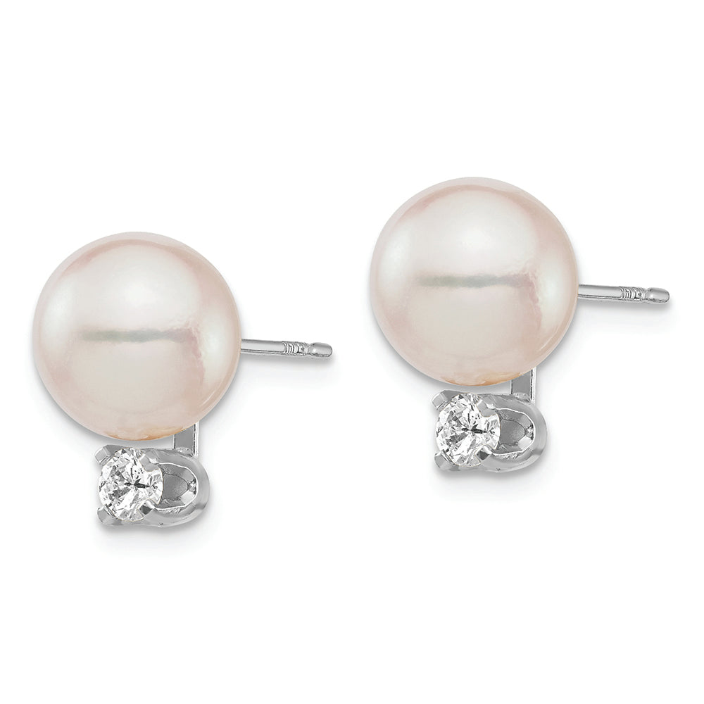 Pendientes de Bola de Oro Blanco de 14k con Perlas Akoya Blancas de 8-9mm y Diamante de 0.20 quilates