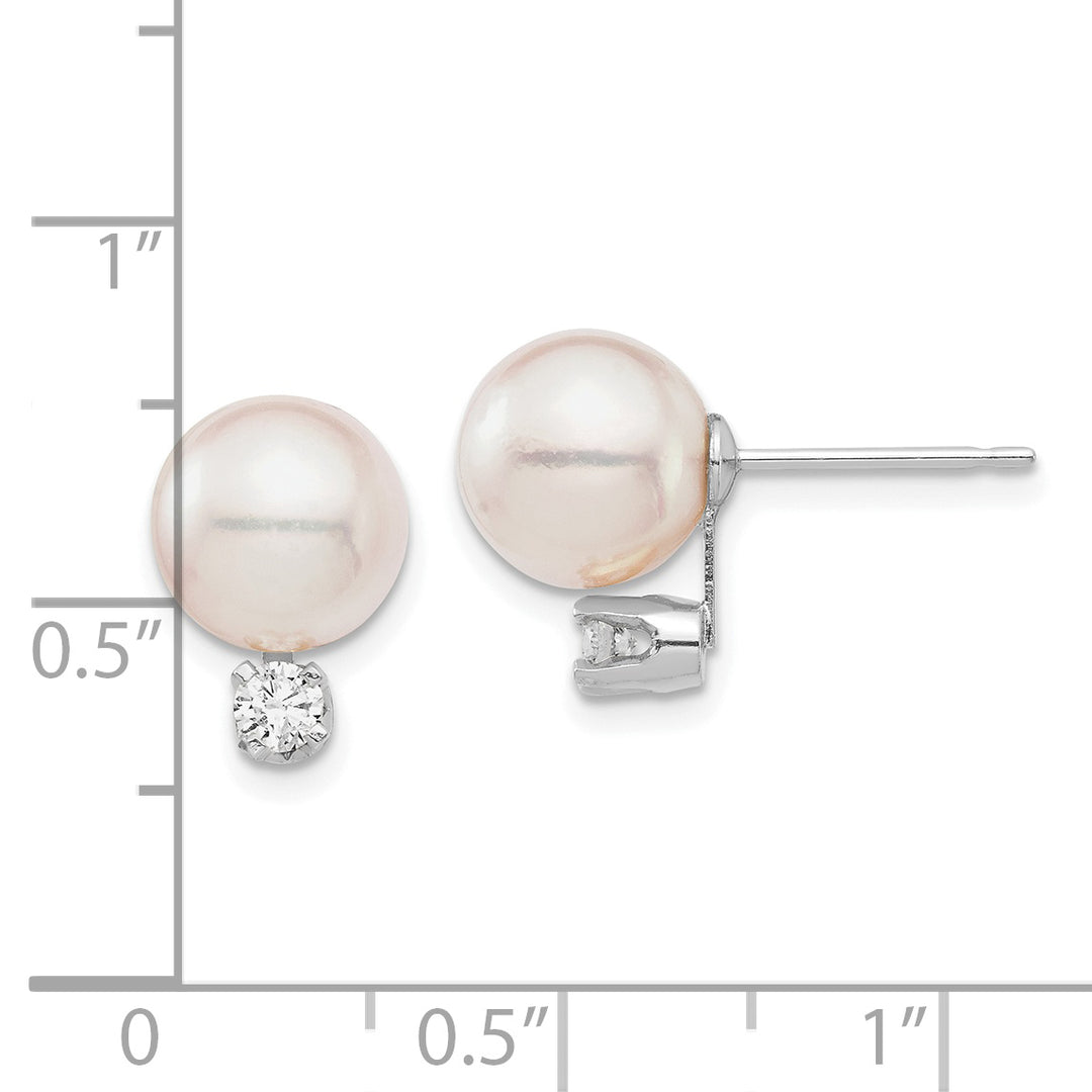 Pendientes de Bola de Oro Blanco de 14k con Perlas Akoya Blancas de 8-9mm y Diamante de 0.20 quilates