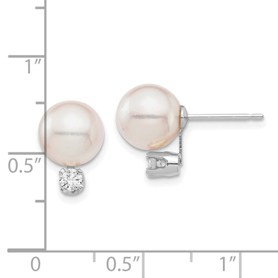 Pendientes de Bola de Oro Blanco de 14k con Perlas Akoya Blancas de 8-9mm y Diamante de 0.20 quilates