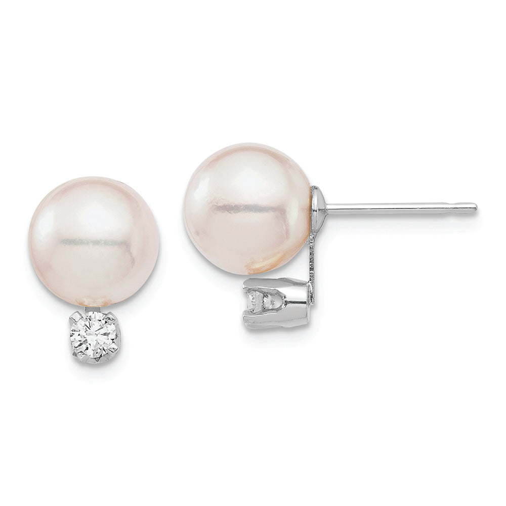 Pendientes de Bola de Oro Blanco de 14k con Perlas Akoya Blancas de 8-9mm y Diamante de 0.20 quilates