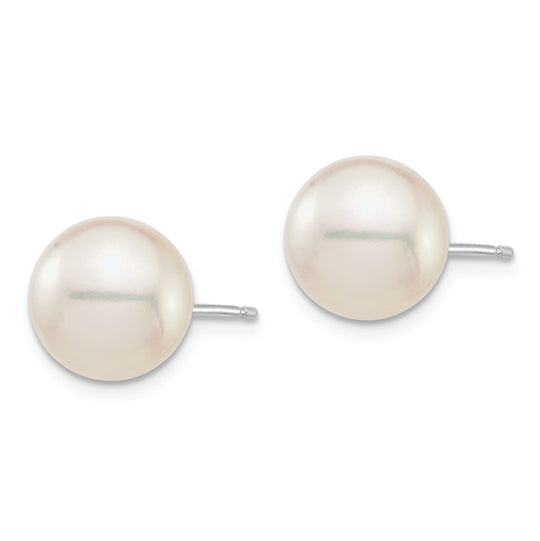 Aretes de Perla Akoya Cultivada de Agua Salada Redonda Blanca (9-10 mm) en Oro Blanco de 14k