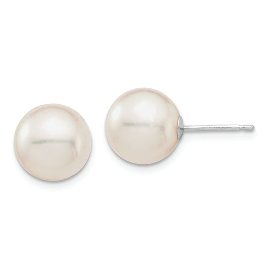 Aretes de Perla Akoya Cultivada de Agua Salada Redonda Blanca (9-10 mm) en Oro Blanco de 14k