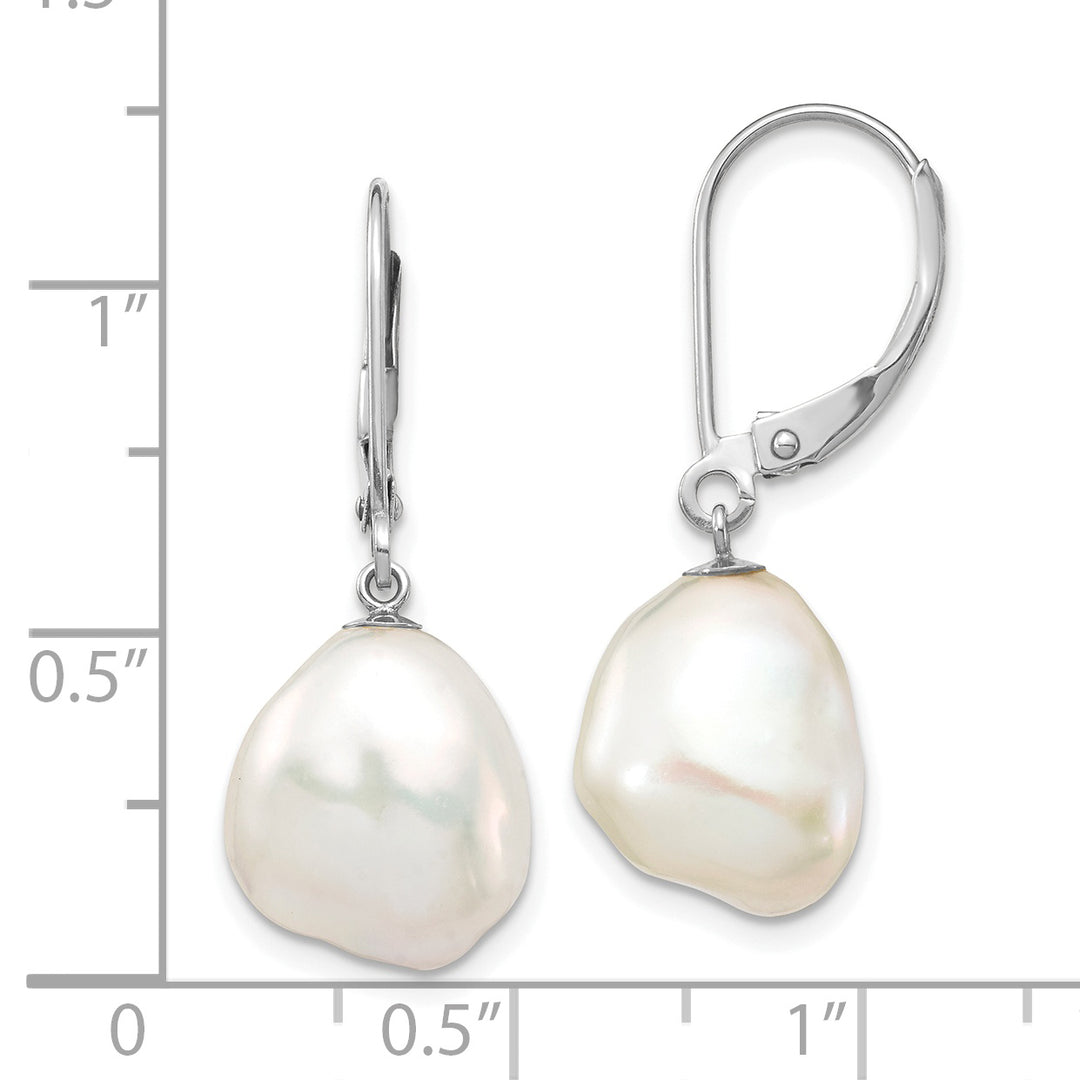 Pendientes Colgantes con Perlas Keshi Blancas Cultivadas de Agua Dulce de 10x13 mm en Oro Blanco de 14k con Cierre de Palanca