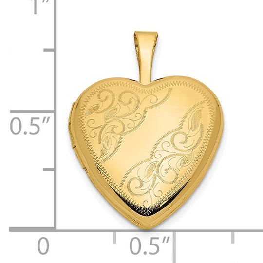 14k Oro Amarillo 16mm Locket Corazón con Hojas y Enredos