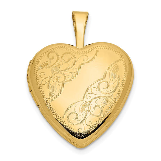 14k Oro Amarillo 16mm Locket Corazón con Hojas y Enredos