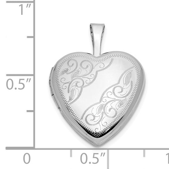 Locket de Corazón Floral de Oro Blanco de 14k de 16 mm