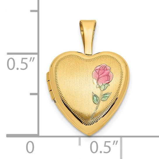 Locket Corazón en Oro Amarillo 14k de 12mm con Acabado Satinado y Rosa de Esmalte