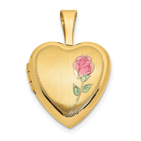 Locket Corazón en Oro Amarillo 14k de 12mm con Acabado Satinado y Rosa de Esmalte