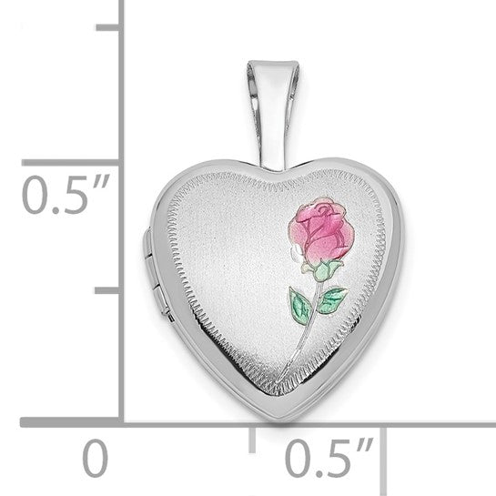 Locket Corazón de Rosa con Esmalte Satinado en Oro Blanco de 14k (12 mm)