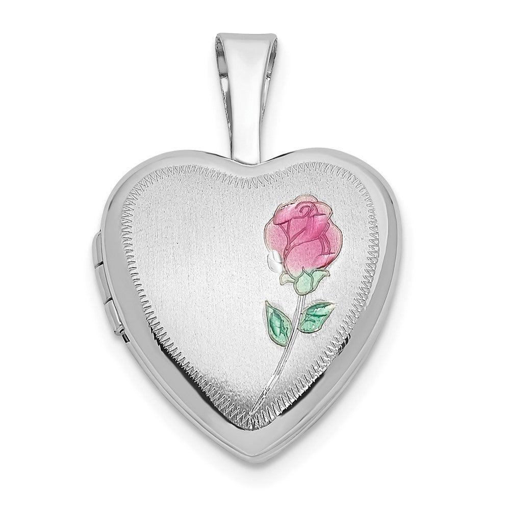 Locket Corazón de Rosa con Esmalte Satinado en Oro Blanco de 14k (12 mm)