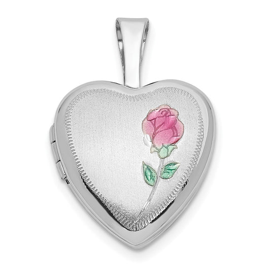 Locket Corazón de Rosa con Esmalte Satinado en Oro Blanco de 14k (12 mm)