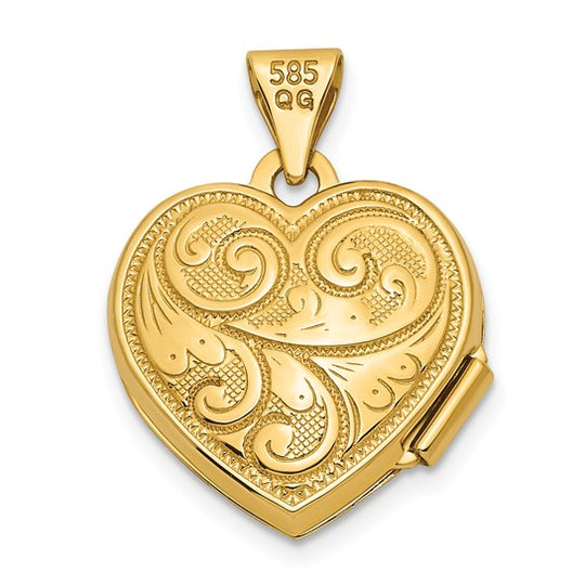 Locket de Corazón de Oro Amarillo de 14k con Diseño de Remolino Reversible de 15 mm