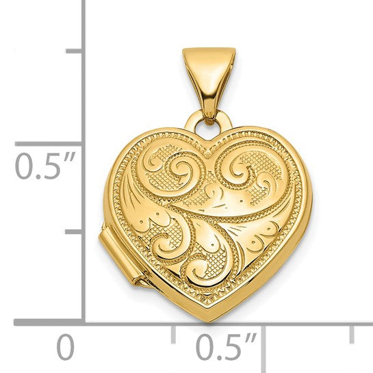 Locket de Corazón de Oro Amarillo de 14k con Diseño de Remolino Reversible de 15 mm