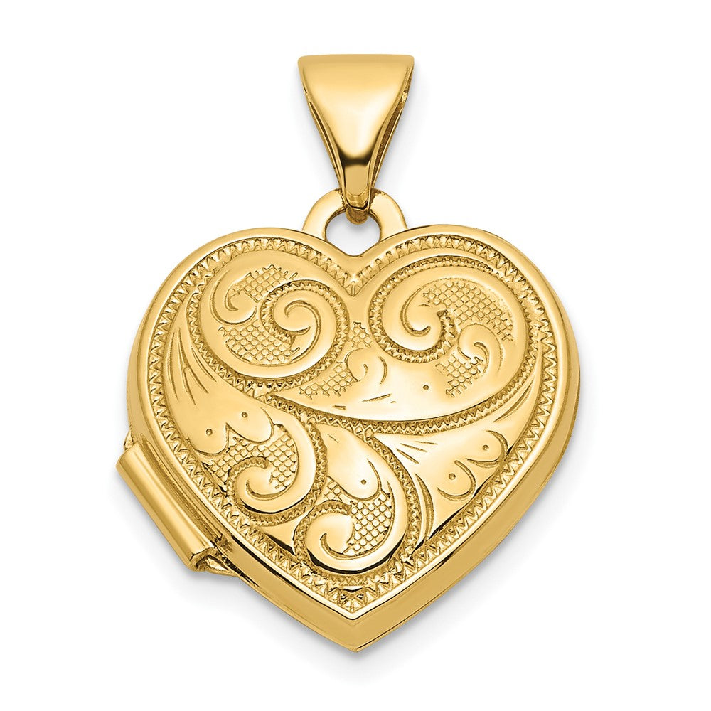 Locket de Corazón de Oro Amarillo de 14k con Diseño de Remolino Reversible de 15 mm