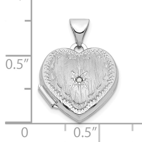 Locket de Corazón de Oro Blanco de 14k con Estrella de Diamante Cepillado de 15 mm