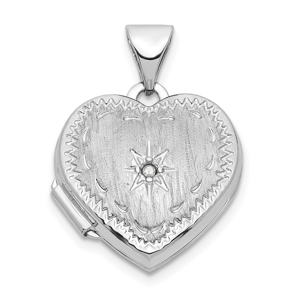 Locket de Corazón de Oro Blanco de 14k con Estrella de Diamante Cepillado de 15 mm