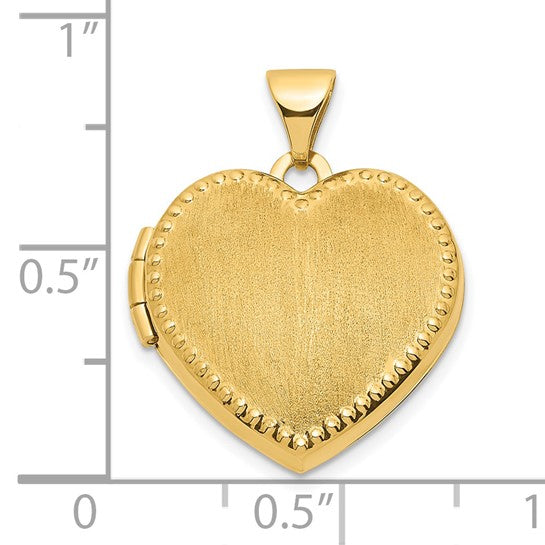 Locket Corazón de Oro Amarillo de 14k con Borde de Perlas y Acabado Cepillado (18mm)