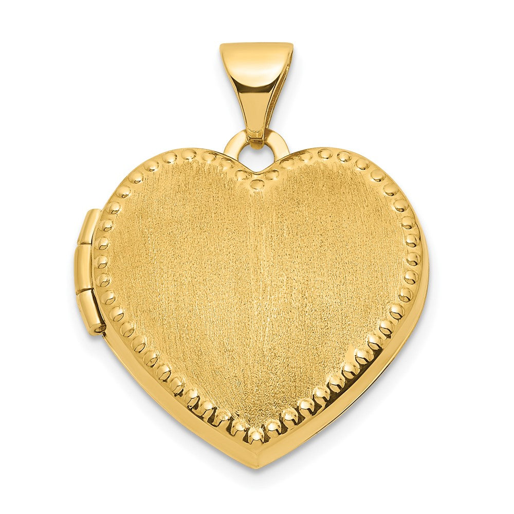 Locket Corazón de Oro Amarillo de 14k con Borde de Perlas y Acabado Cepillado (18mm)