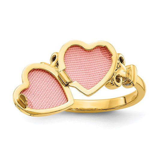 Anillo Locket Corazón de 14k con Incrustación de Tela y Detalles en Rosa