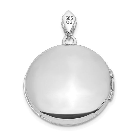 14k Oro Blanco Filigrana Locket Redondo de 20 mm con Diamante de 0.01 ct