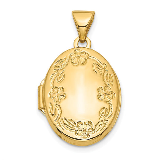 Locket Oval Floral de Oro Amarillo de 14k de 17 mm