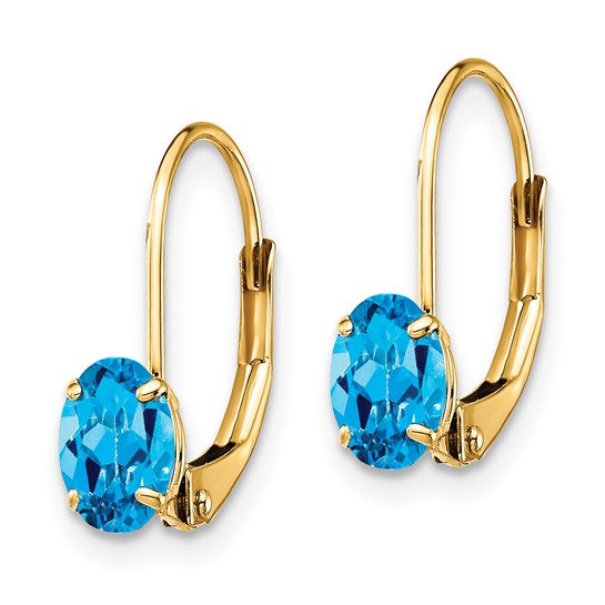 Pendientes de Oro Amarillo de 14k con Topacio Azul Suizo Ovalado de 6x4mm y Cierre LeverBack