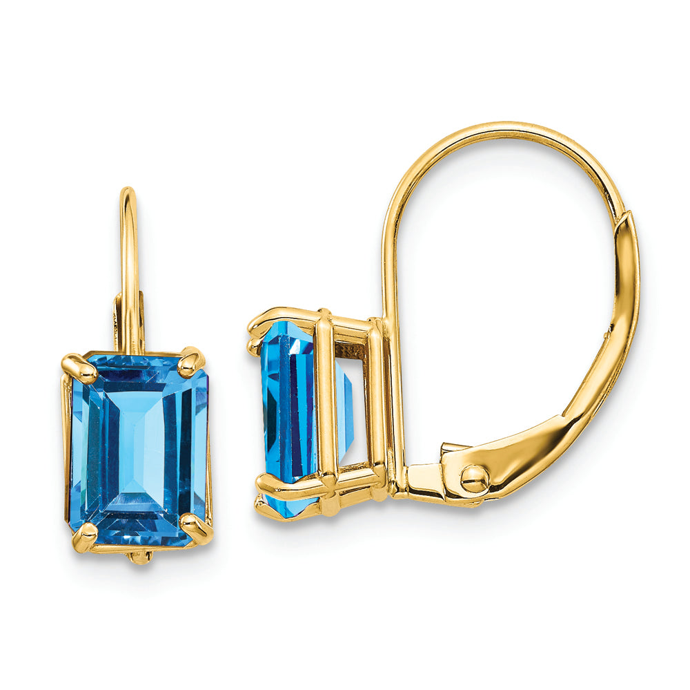 Pendientes de Oro Amarillo de 14k con Topacio Azul Suizo Cortado en Esmeralda de 7x5mm y Cierre LeverBack