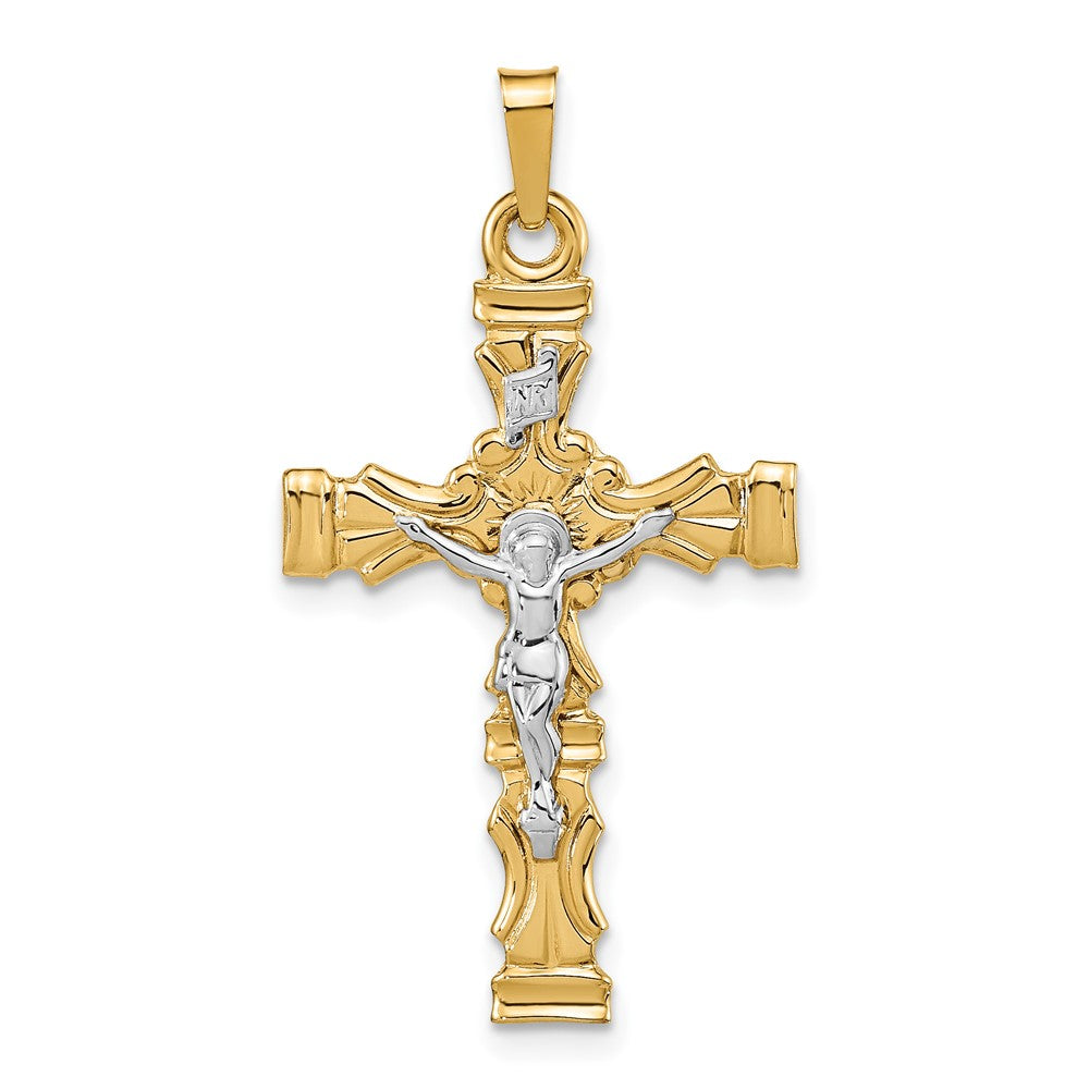 Colgante Crucifijo Latino Pulido en Oro 14K Bicolor