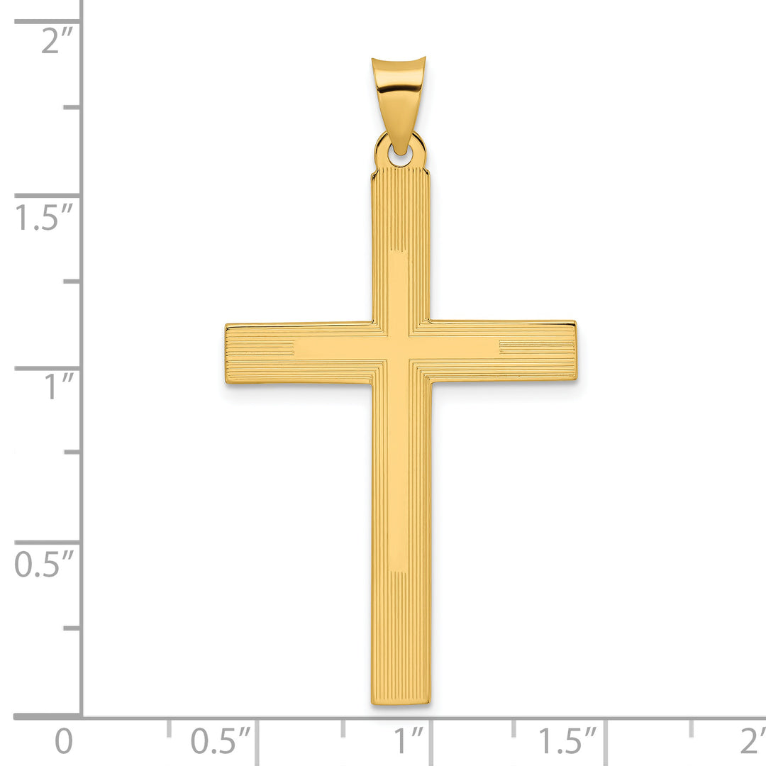 Colgante de Cruz Sólida con Diseño Pulido y de Líneas en Oro de 14K