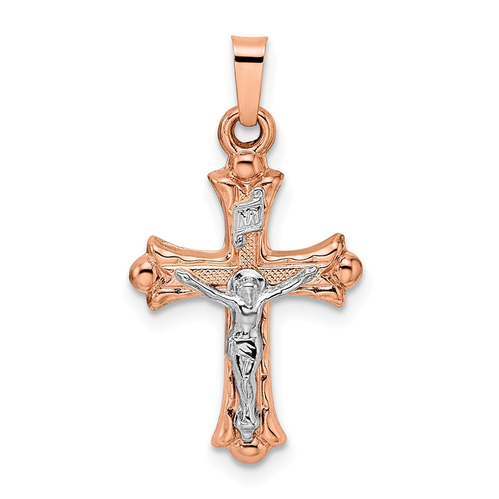 Crucifijo INRI en Oro Rosa y Blanco de 14k con Flor de Lis