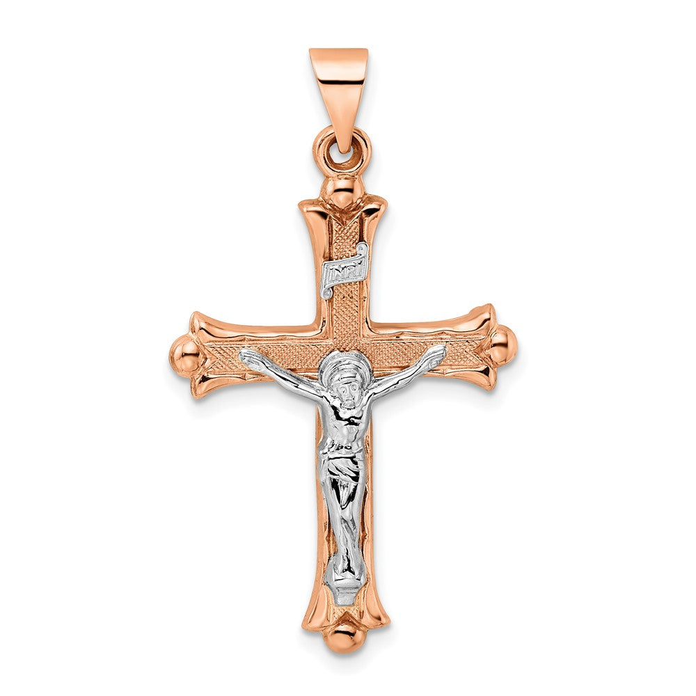 Crucifijo Hueco Fleur de Lis INRI en Oro Rosa y Blanco de 14k