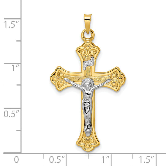 Colgante de Crucifijo INRI con Flor de Lis en Oro de 14k Bicolor, Pulido y Sólido