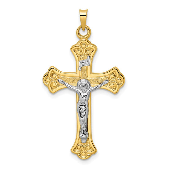 Colgante de Crucifijo INRI con Flor de Lis en Oro de 14k Bicolor, Pulido y Sólido