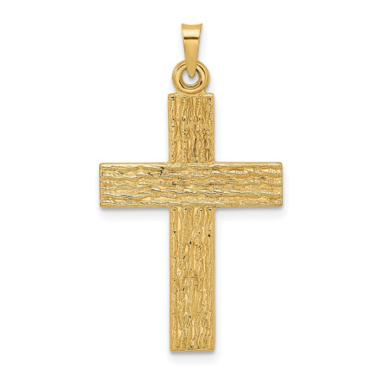 Colgante Cruz Sólido con Textura de Madera 14k Pulido