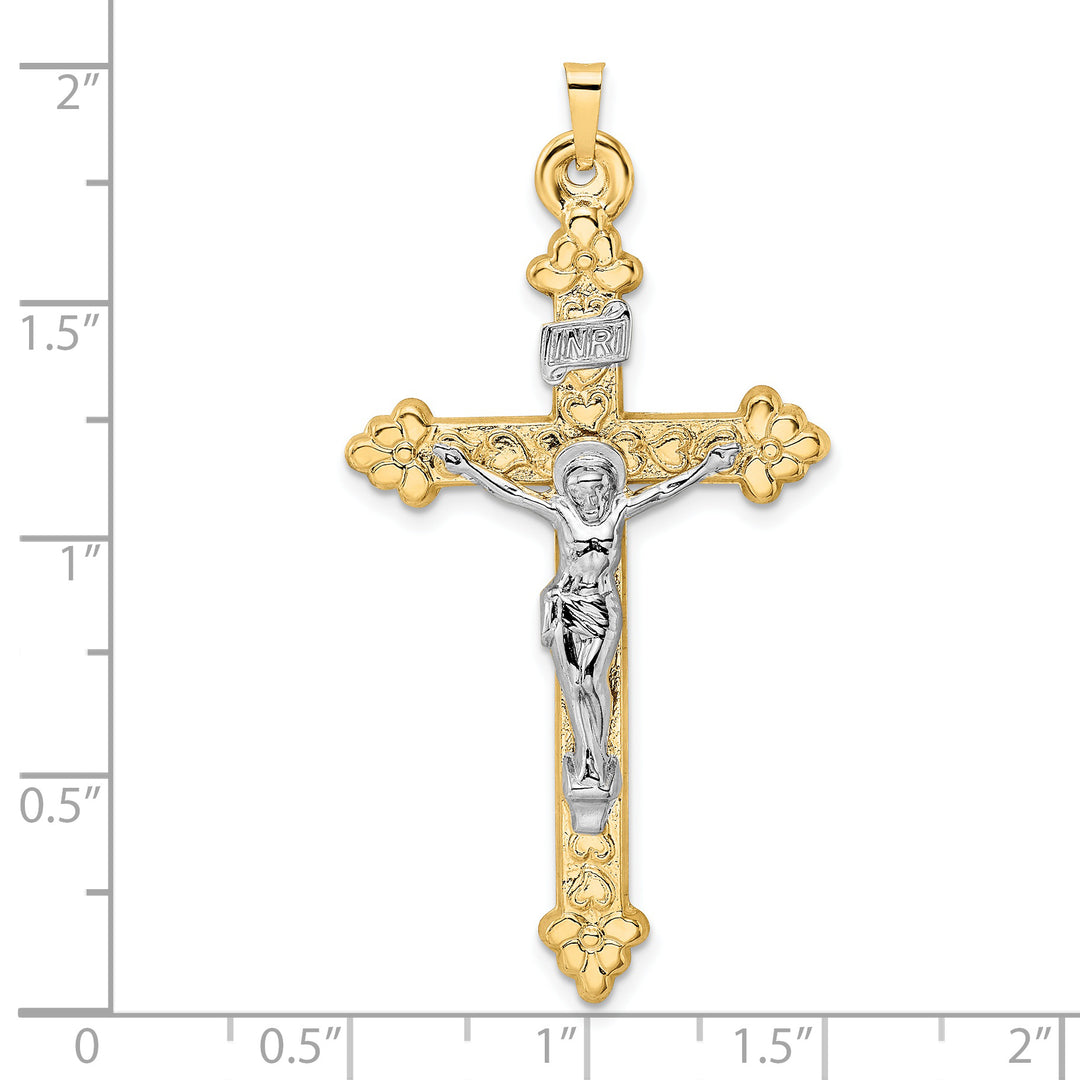 Colgante de Crucifijo Budded INRI Hueco Bicolor Pulido en Oro de 14k