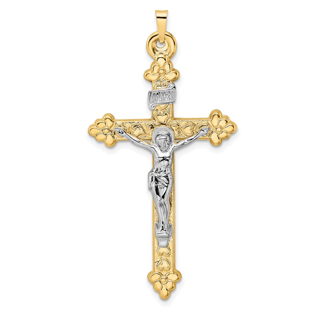 Colgante de Crucifijo Budded INRI Hueco Bicolor Pulido en Oro de 14k