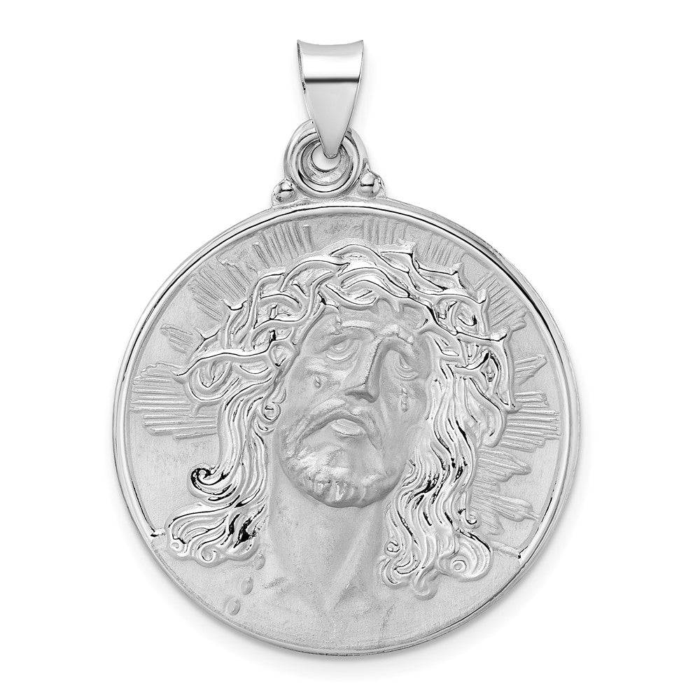 Colgante Disco con Rostro de Jesús Hueco en Oro Blanco de 14k Pulido y Satinado