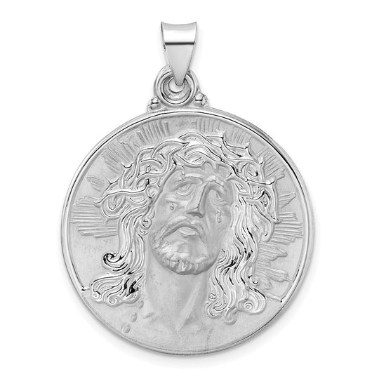 Colgante Disco con Rostro de Jesús Hueco en Oro Blanco de 14k Pulido y Satinado