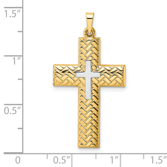 Colgante Cruz Doble Tejida Hueca 14k Dos Tonos Pulido