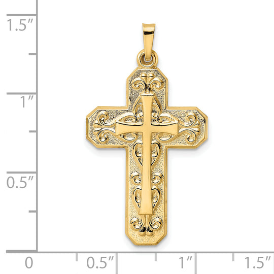 Colgante Doble Cruz con Diseño de Pergamino en Oro 14K