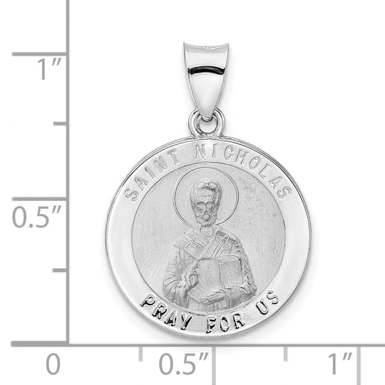 Medalla de San Nicolás de Oro Blanco de 14k Pulida y Satinada (Hueca)