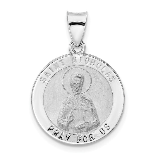 Medalla de San Nicolás de Oro Blanco de 14k Pulida y Satinada (Hueca)