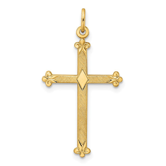 Colgante de Cruz de Forma Diamante en Oro Amarillo de 14k con Acabado Pulido y Texturizado