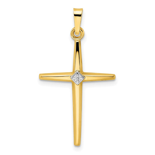 Colgante Cruz de Centro en Forma de Diamante Bicolor Pulido Sólido 14K