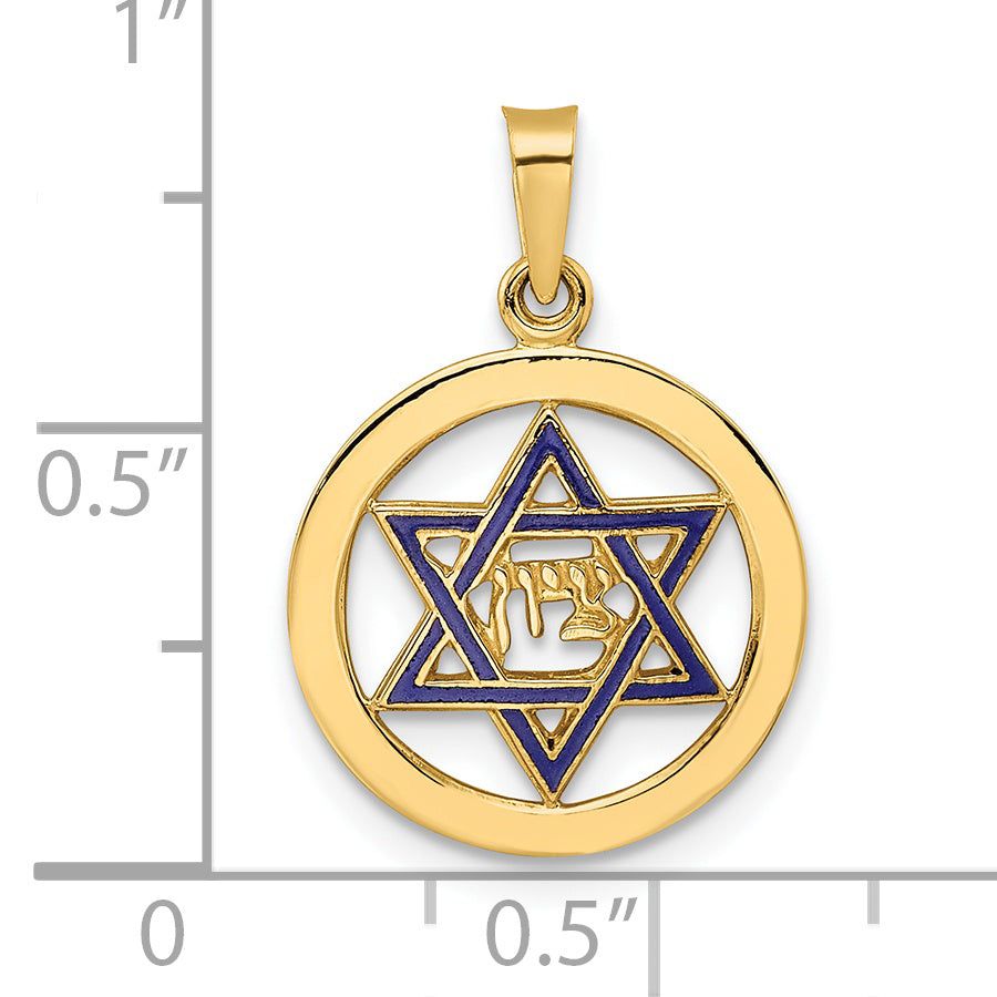 Colgante Sólido de Estrella de David en Oro de 14k Amarillo Pulido y Esmalte Azul