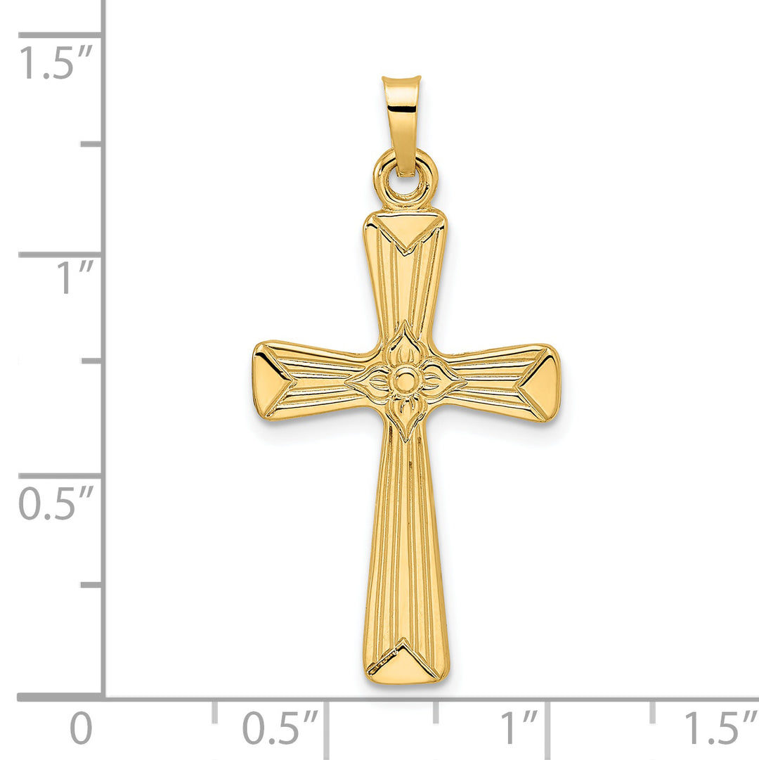 Colgante Cruz con Centro Floral en Oro Amarillo 14K Pulido y Sólido