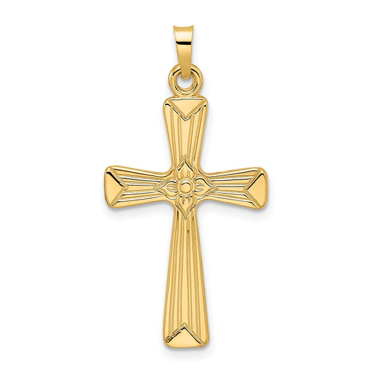 Colgante Cruz con Centro Floral en Oro Amarillo 14K Pulido y Sólido