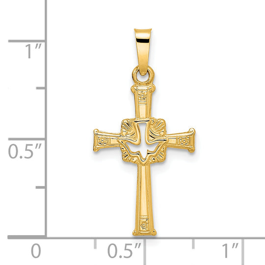 Colgante de Cruz Sólida con Paloma Cortada en Oro Amarillo de 14k con Acabado Pulido