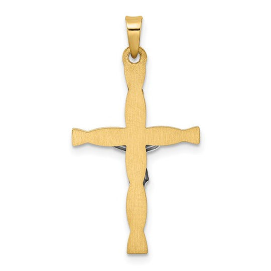 Colgante de Cruz Inri Hueco y Retorcido en Oro Bicolor Pulido de 14k