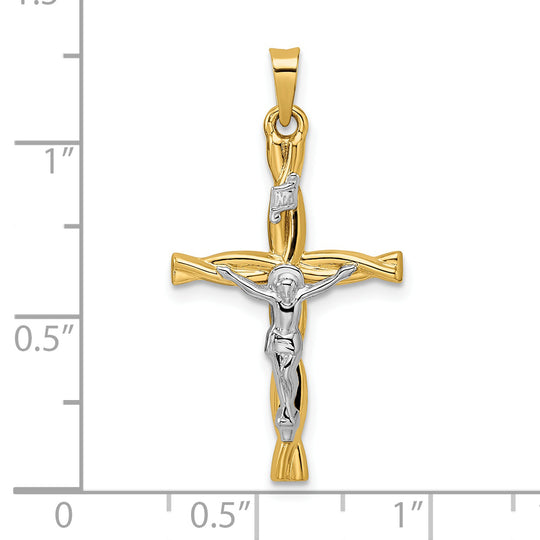 Colgante de Cruz Inri Hueco y Retorcido en Oro Bicolor Pulido de 14k